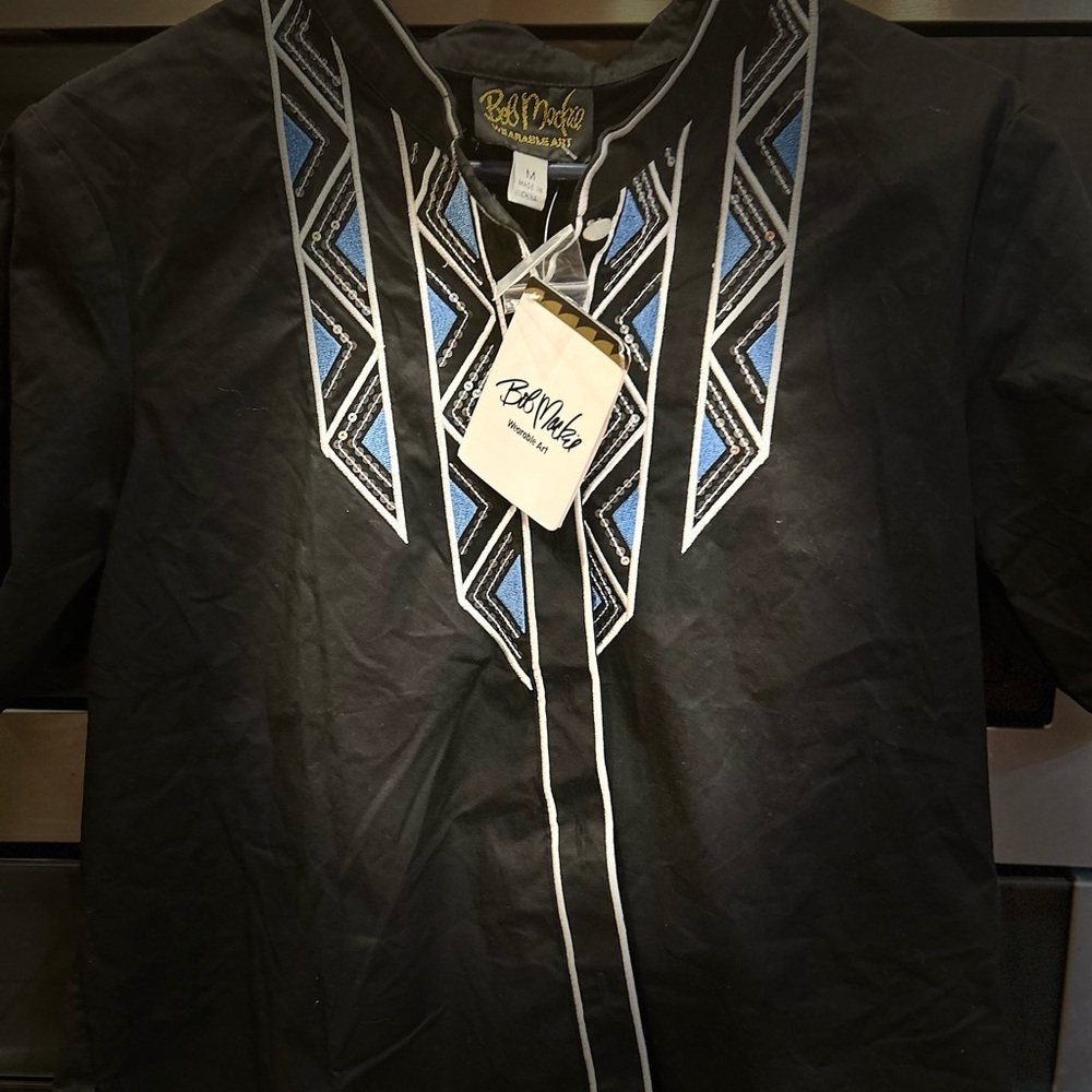 Bob Mackie Black and Blue Embroidered Shirt/ beautiful art -